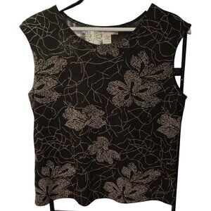 Donna Toran Shell Tank Top Women's Size Large Black with Floral Stretch Travel